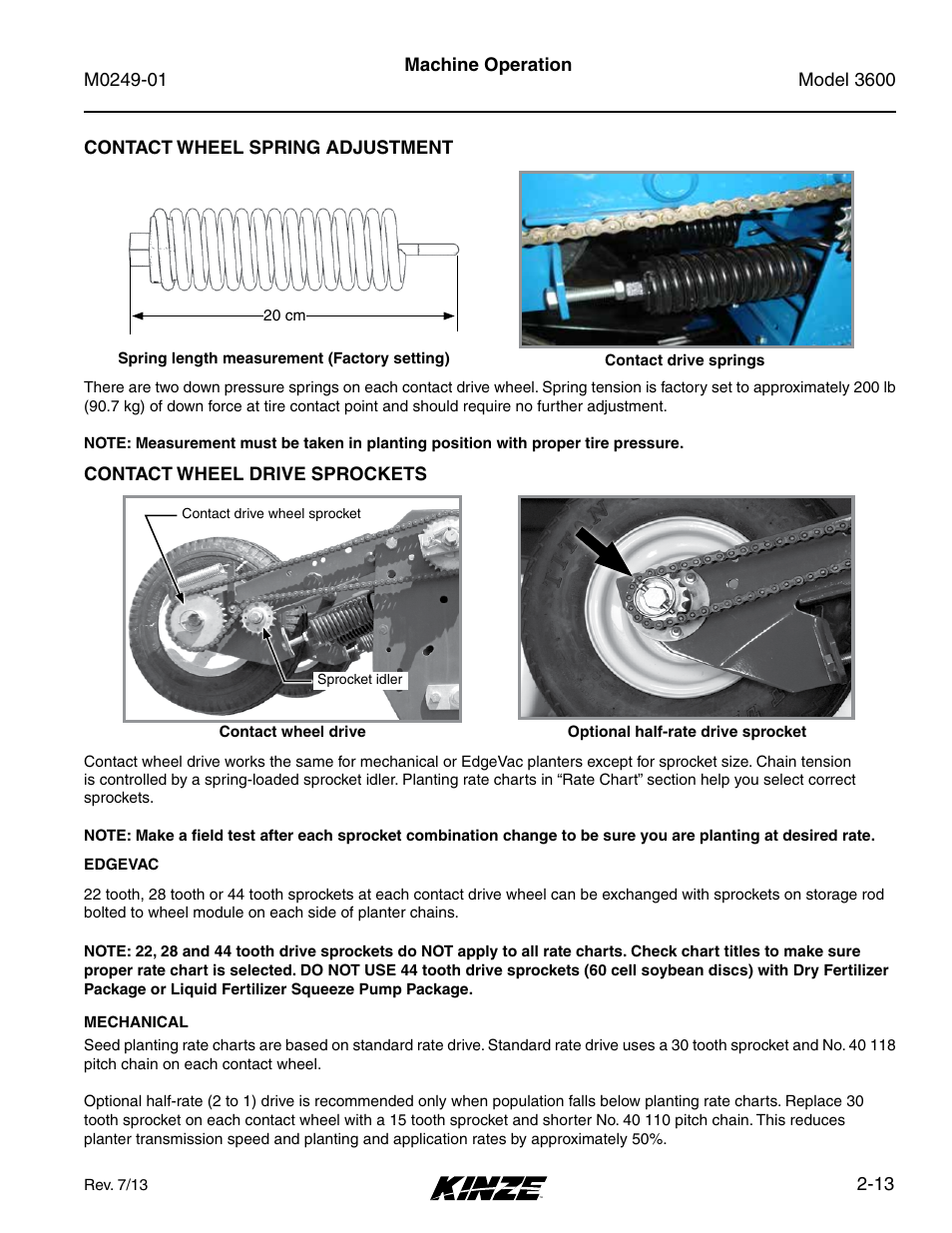 Contact wheel spring adjustment, Contact wheel drive sprockets, Contact wheel spring adjustment -13 | Contact wheel drive sprockets -13 | Kinze 3600 Lift and Rotate Planter (70 CM) Rev. 5/14 User Manual | Page 25 / 158