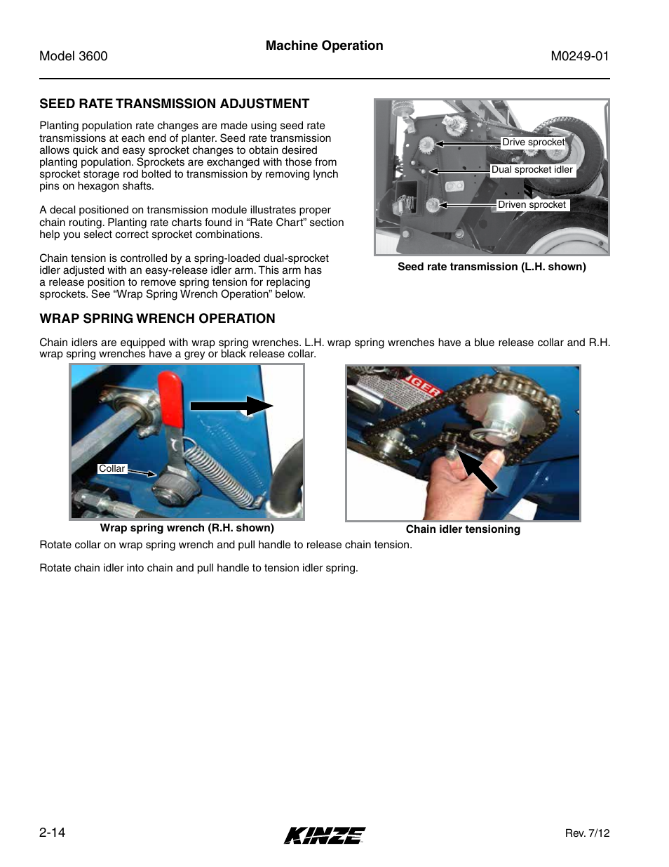 Seed rate transmission adjustment, Wrap spring wrench operation, Seed rate transmission adjustment -14 | Wrap spring wrench operation -14 | Kinze 3600 Lift and Rotate Planter (70 CM) Rev. 5/14 User Manual | Page 26 / 158