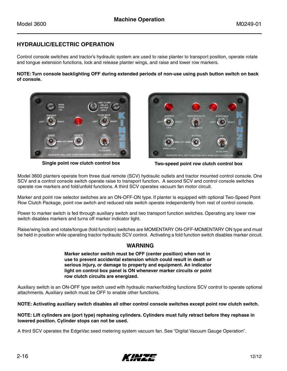 Hydraulic/electric operation, Hydraulic/electric operation -16 | Kinze 3600 Lift and Rotate Planter (70 CM) Rev. 5/14 User Manual | Page 28 / 158