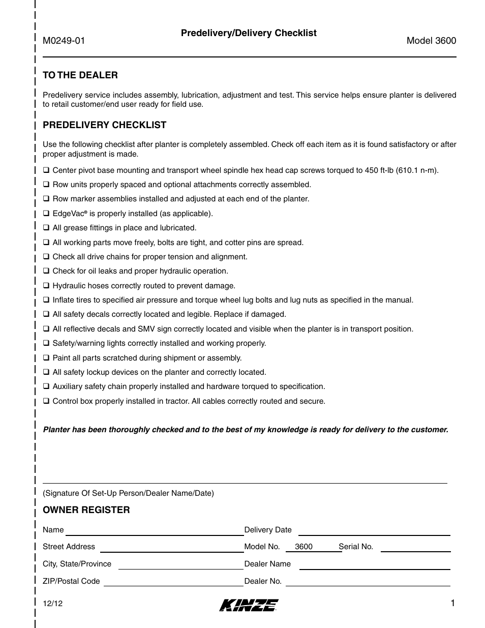 Kinze 3600 Lift and Rotate Planter (70 CM) Rev. 5/14 User Manual | Page 3 / 158