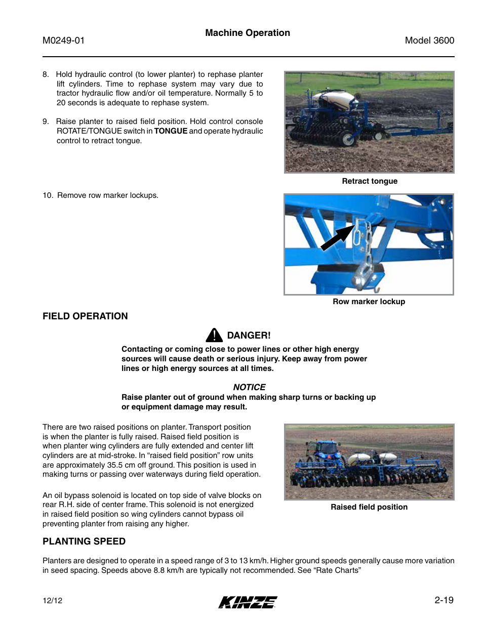 Field operation, Planting speed, Field operation -19 | Planting speed -19 | Kinze 3600 Lift and Rotate Planter (70 CM) Rev. 5/14 User Manual | Page 31 / 158