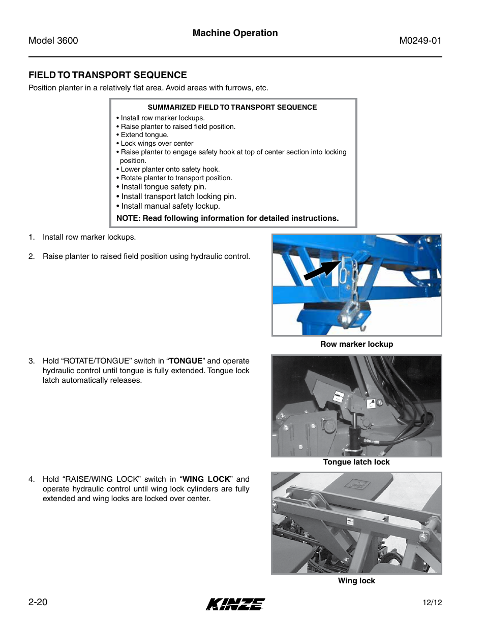 Field to transport sequence, Field to transport sequence -20 | Kinze 3600 Lift and Rotate Planter (70 CM) Rev. 5/14 User Manual | Page 32 / 158