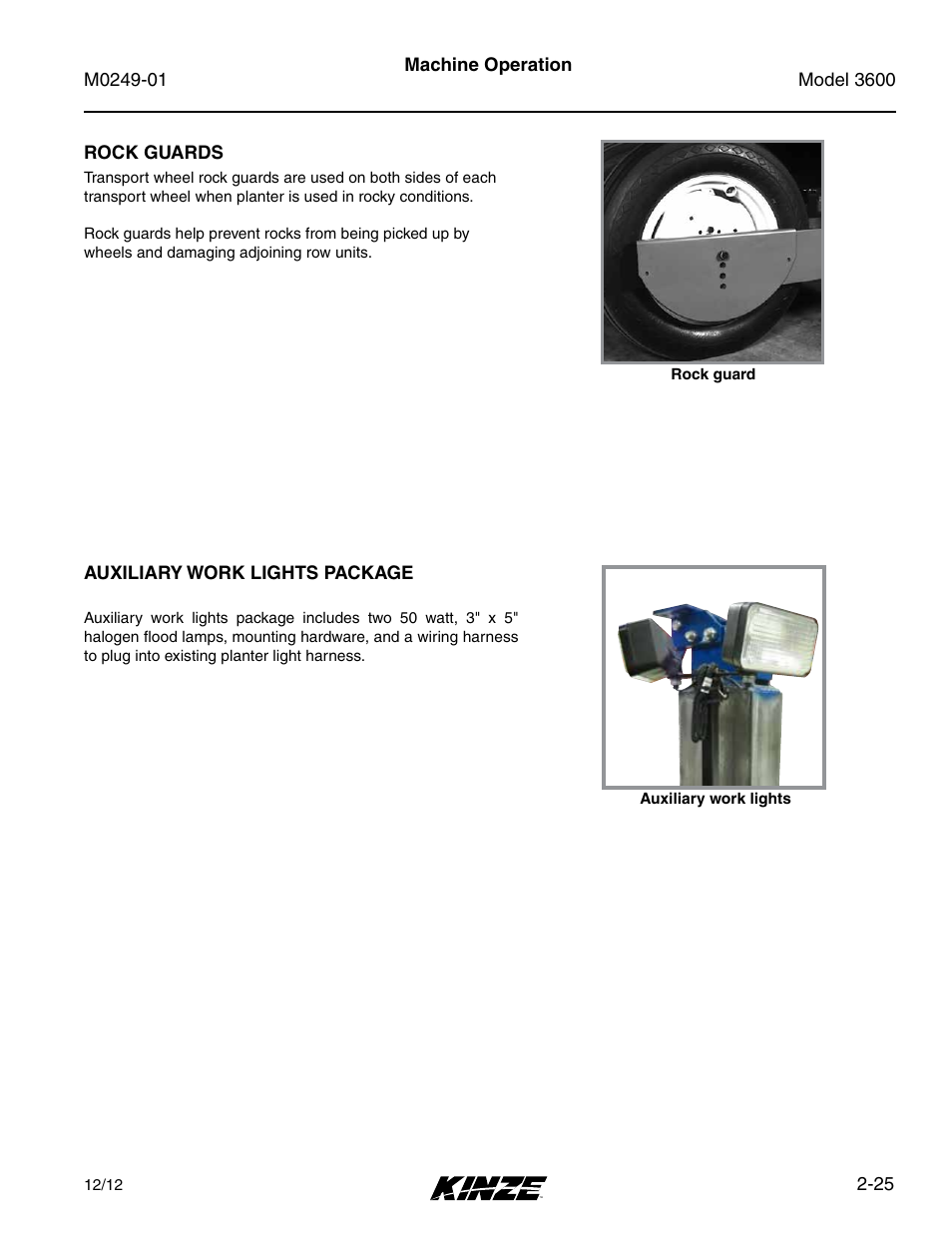 Rock guards, Auxiliary work lights package, Rock guards -25 | Auxiliary work lights package -25 | Kinze 3600 Lift and Rotate Planter (70 CM) Rev. 5/14 User Manual | Page 37 / 158