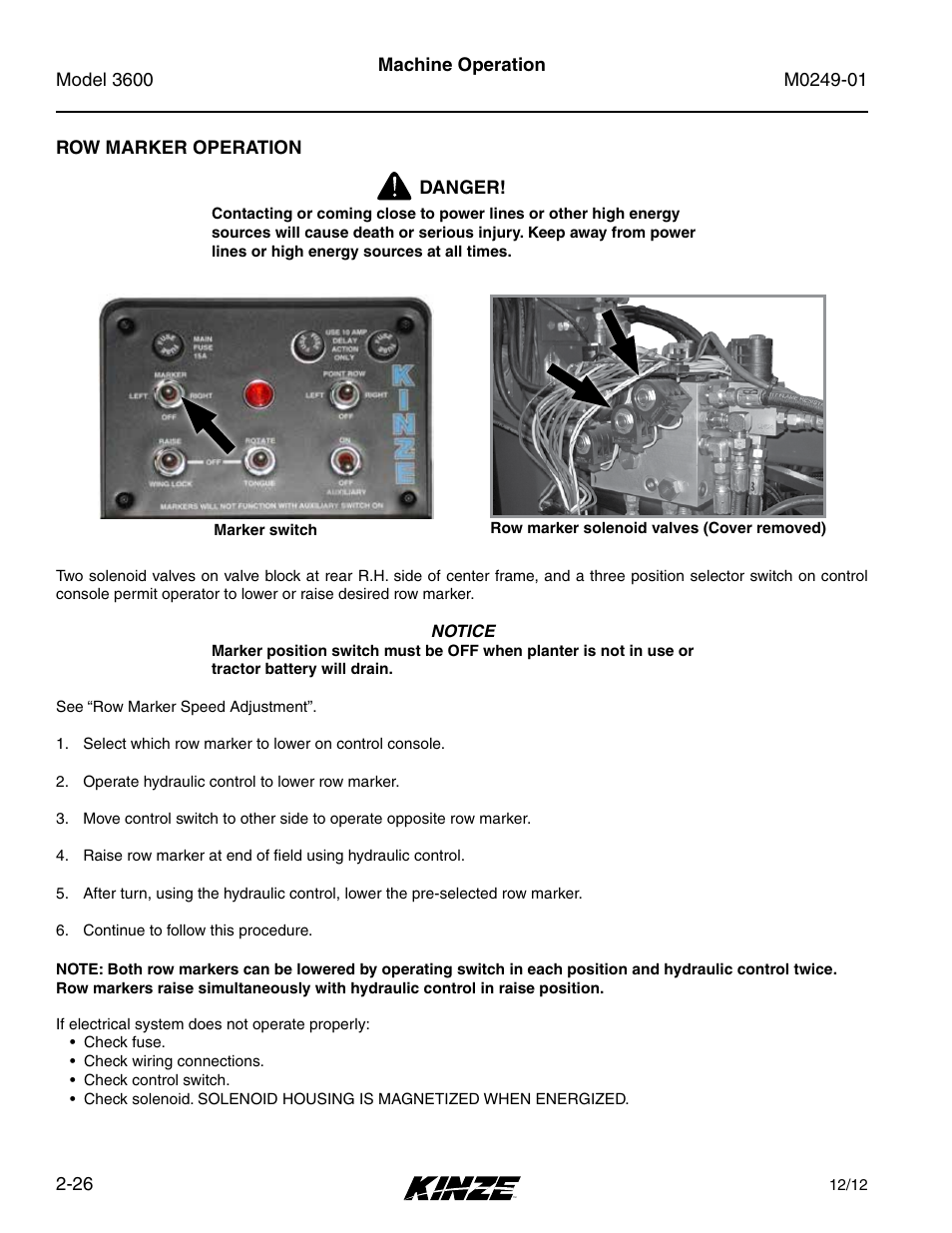 Row marker operation, Row marker operation -26 | Kinze 3600 Lift and Rotate Planter (70 CM) Rev. 5/14 User Manual | Page 38 / 158