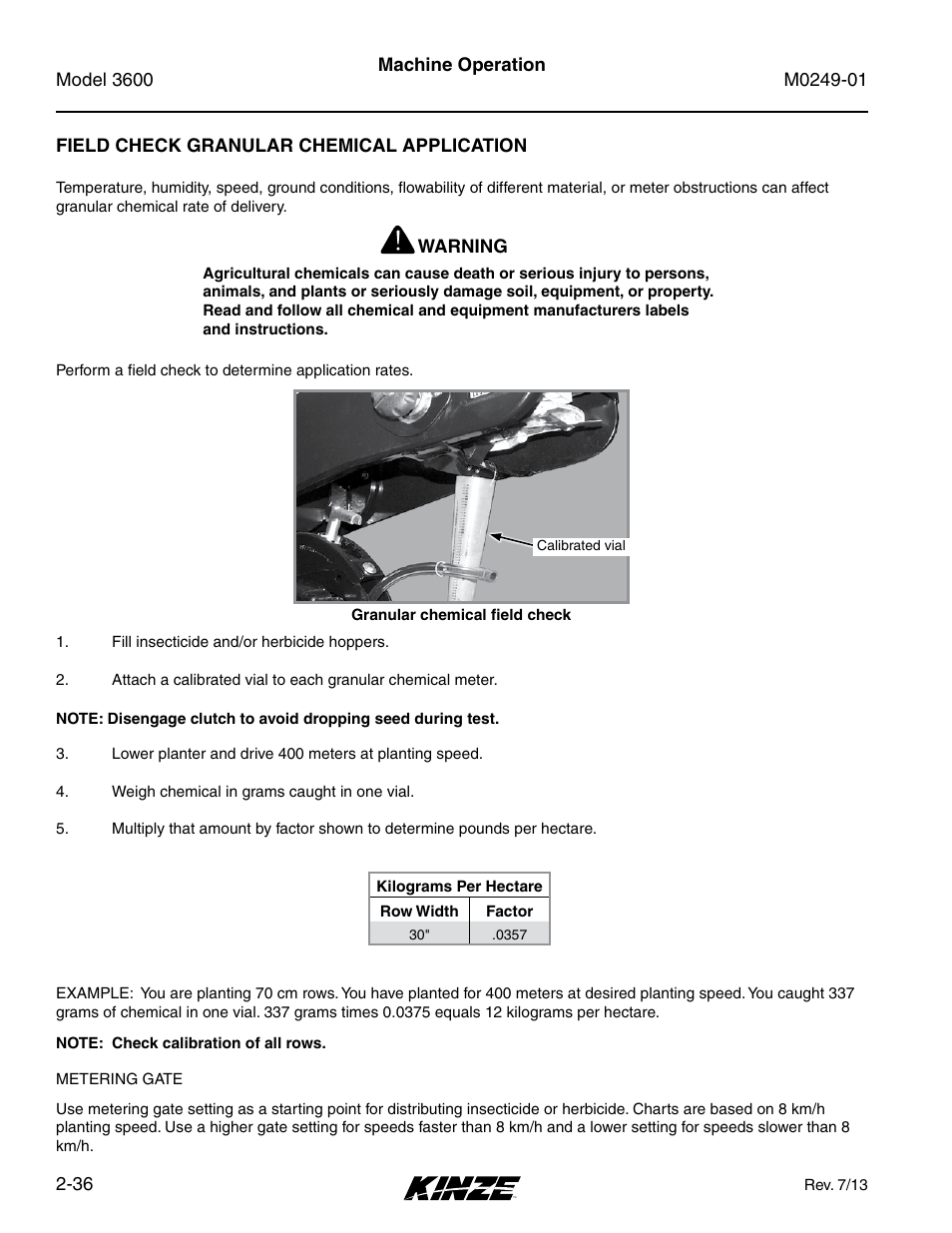 Field check granular chemical application, Field check granular chemical application -36 | Kinze 3600 Lift and Rotate Planter (70 CM) Rev. 5/14 User Manual | Page 48 / 158