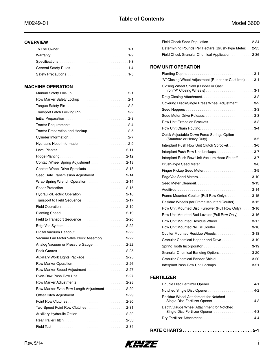 Kinze 3600 Lift and Rotate Planter (70 CM) Rev. 5/14 User Manual | Page 5 / 158
