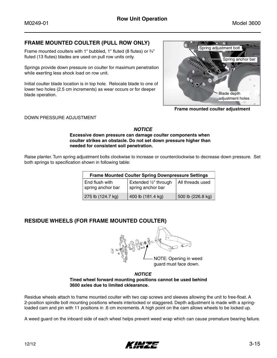 Frame mounted coulter (pull row only), Residue wheels (for frame mounted coulter), Frame mounted coulter (pull row only) -15 | Residue wheels (for frame mounted coulter) -15 | Kinze 3600 Lift and Rotate Planter (70 CM) Rev. 5/14 User Manual | Page 63 / 158