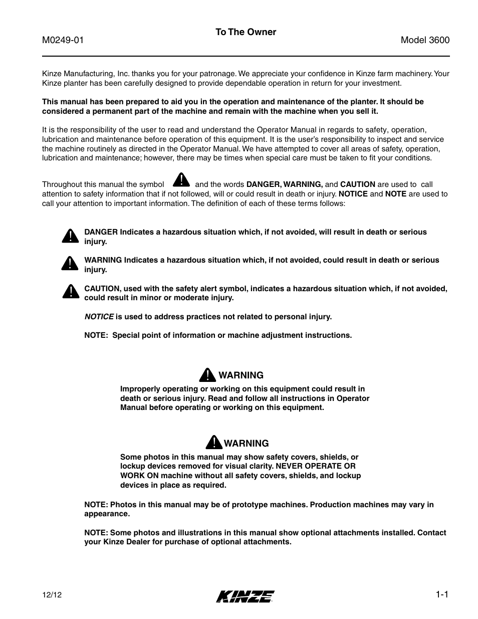 Overview, To the owner, To the owner -1 | Kinze 3600 Lift and Rotate Planter (70 CM) Rev. 5/14 User Manual | Page 7 / 158