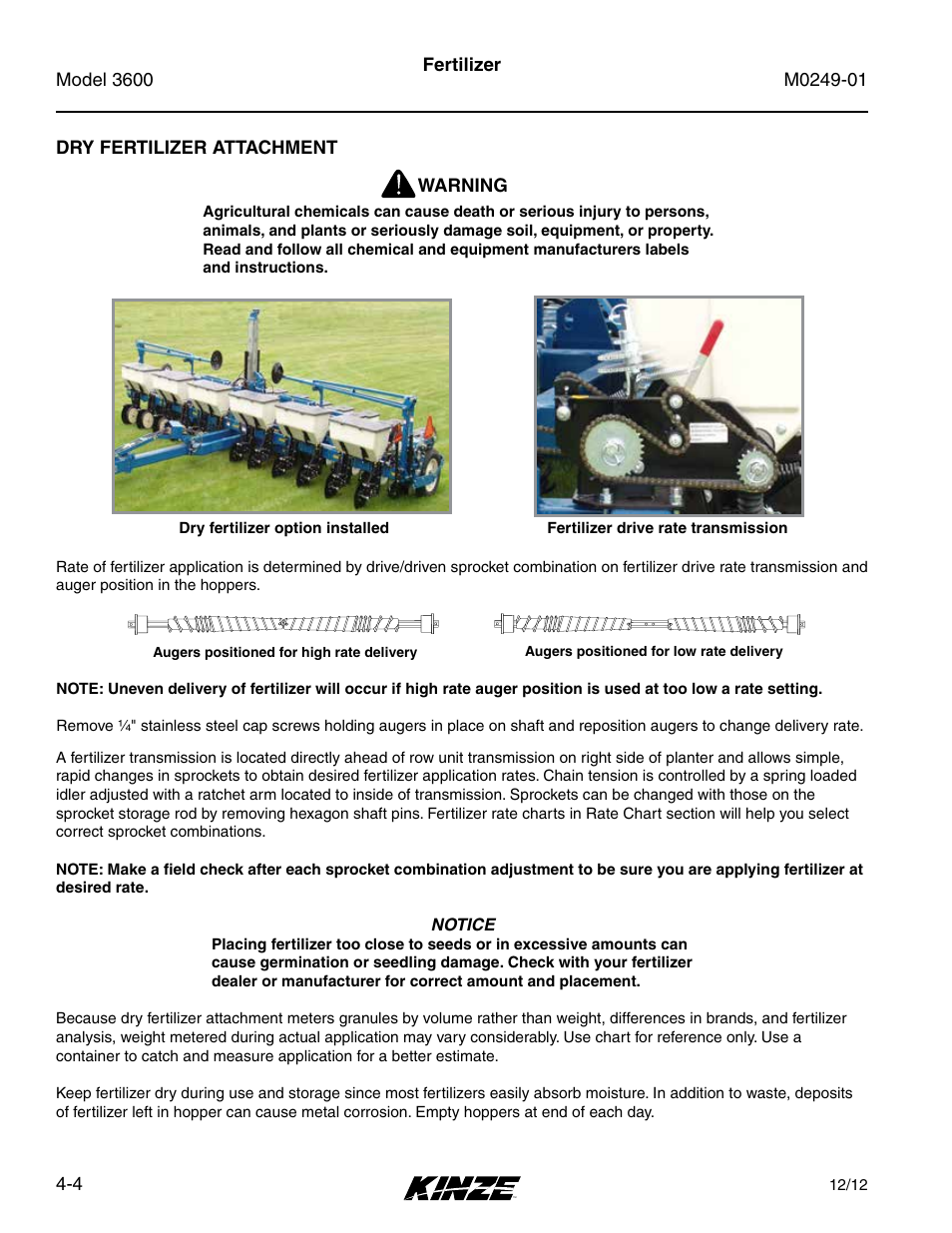 Dry fertilizer attachment, Dry fertilizer attachment -4 | Kinze 3600 Lift and Rotate Planter (70 CM) Rev. 5/14 User Manual | Page 74 / 158