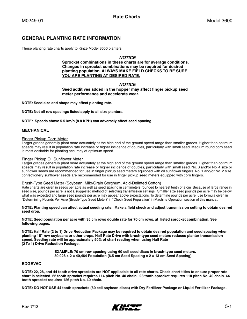 Rate charts, Rate charts -1, 1 rate charts general planting rate information | Kinze 3600 Lift and Rotate Planter (70 CM) Rev. 5/14 User Manual | Page 77 / 158