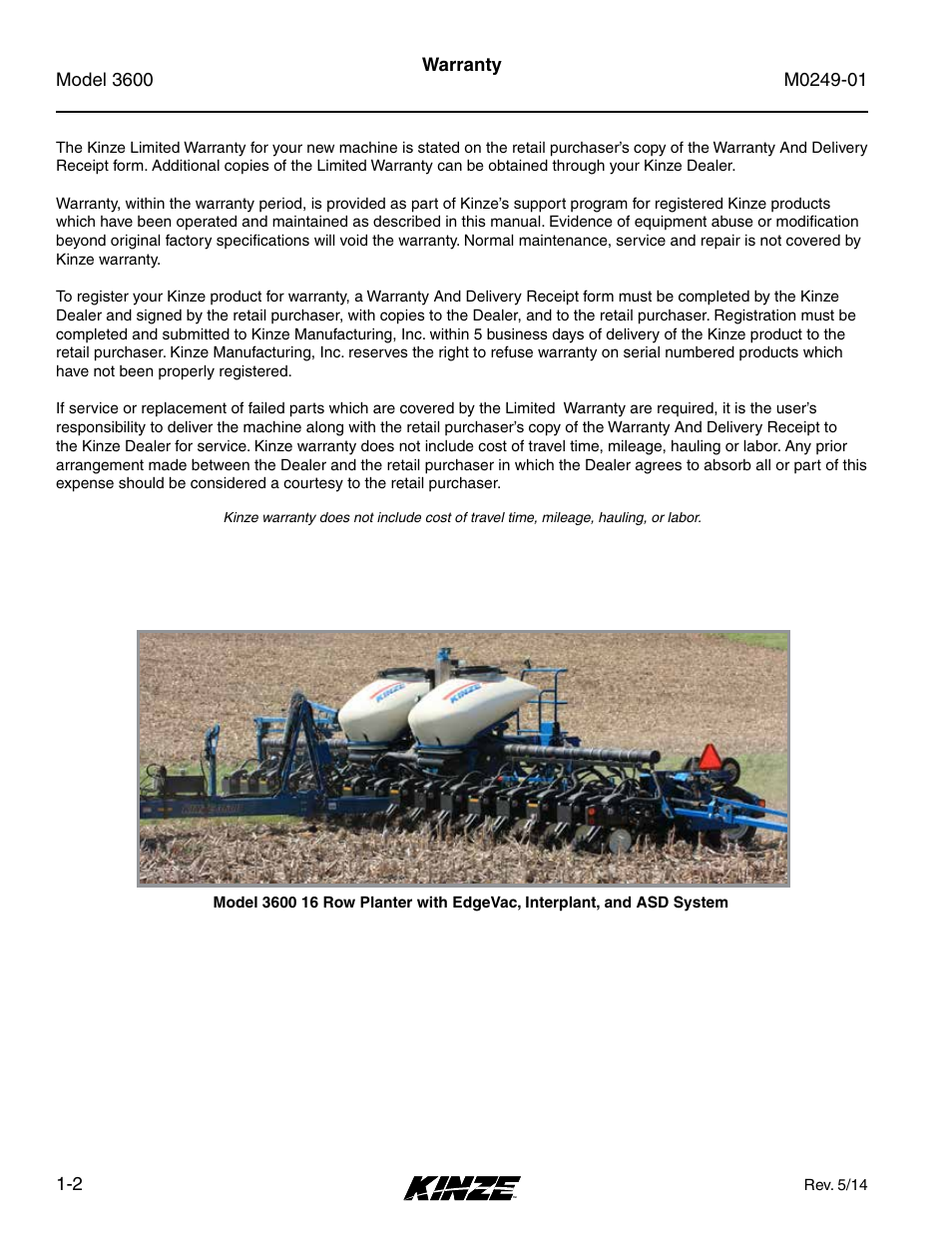 Warranty, Warranty -2 | Kinze 3600 Lift and Rotate Planter (70 CM) Rev. 5/14 User Manual | Page 8 / 158
