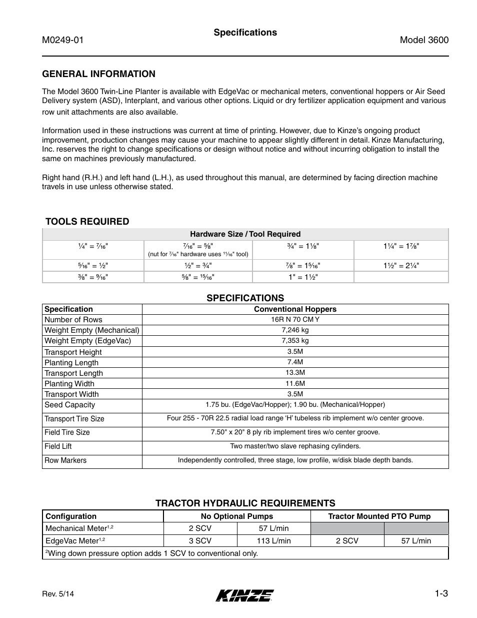 Specifications, Specifications -3 | Kinze 3600 Lift and Rotate Planter (70 CM) Rev. 5/14 User Manual | Page 9 / 158
