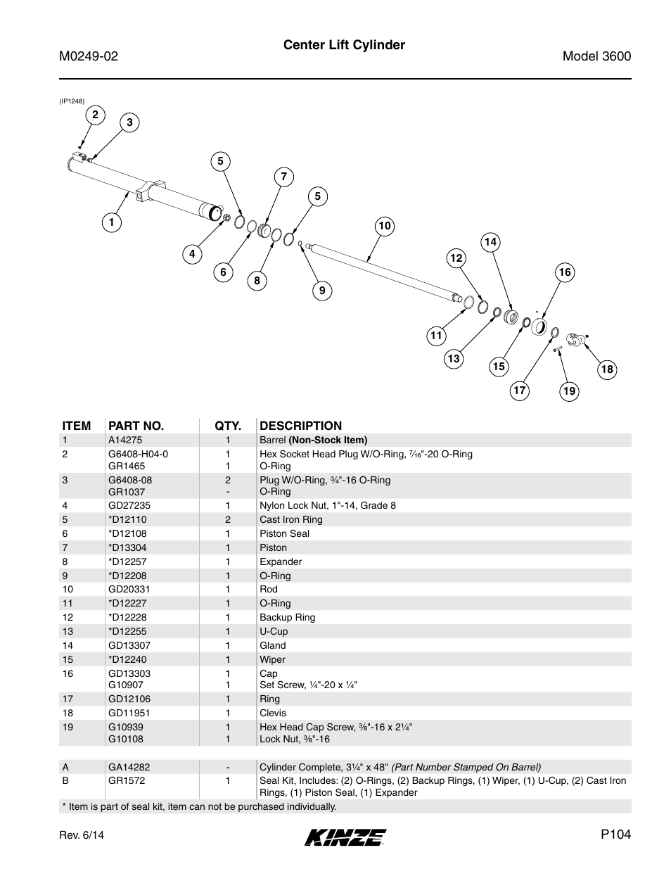 Center lift cylinder, P104, Item part no. qty. description | Rev. 6/14 | Kinze 3600 Lift and Rotate Planter (70 CM) Rev. 6/14 User Manual | Page 107 / 186