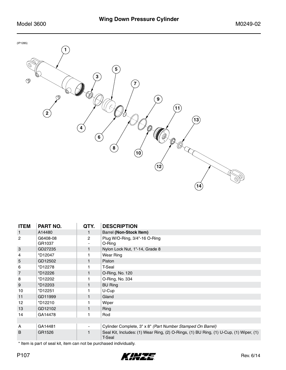 Wing down pressure cylinder, Item part no. qty. description, Rev. 6/14 | Kinze 3600 Lift and Rotate Planter (70 CM) Rev. 6/14 User Manual | Page 110 / 186
