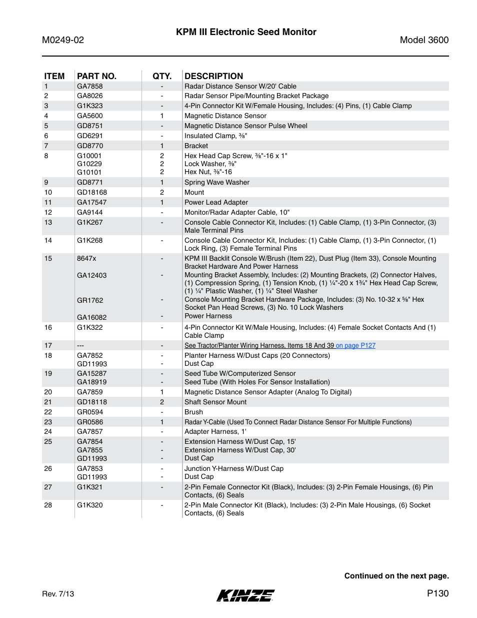 Kpm iii electronic seed monitor, P130 | Kinze 3600 Lift and Rotate Planter (70 CM) Rev. 6/14 User Manual | Page 133 / 186