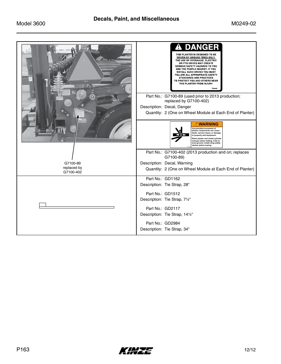 Decals, paint, and miscellaneous | Kinze 3600 Lift and Rotate Planter (70 CM) Rev. 6/14 User Manual | Page 166 / 186
