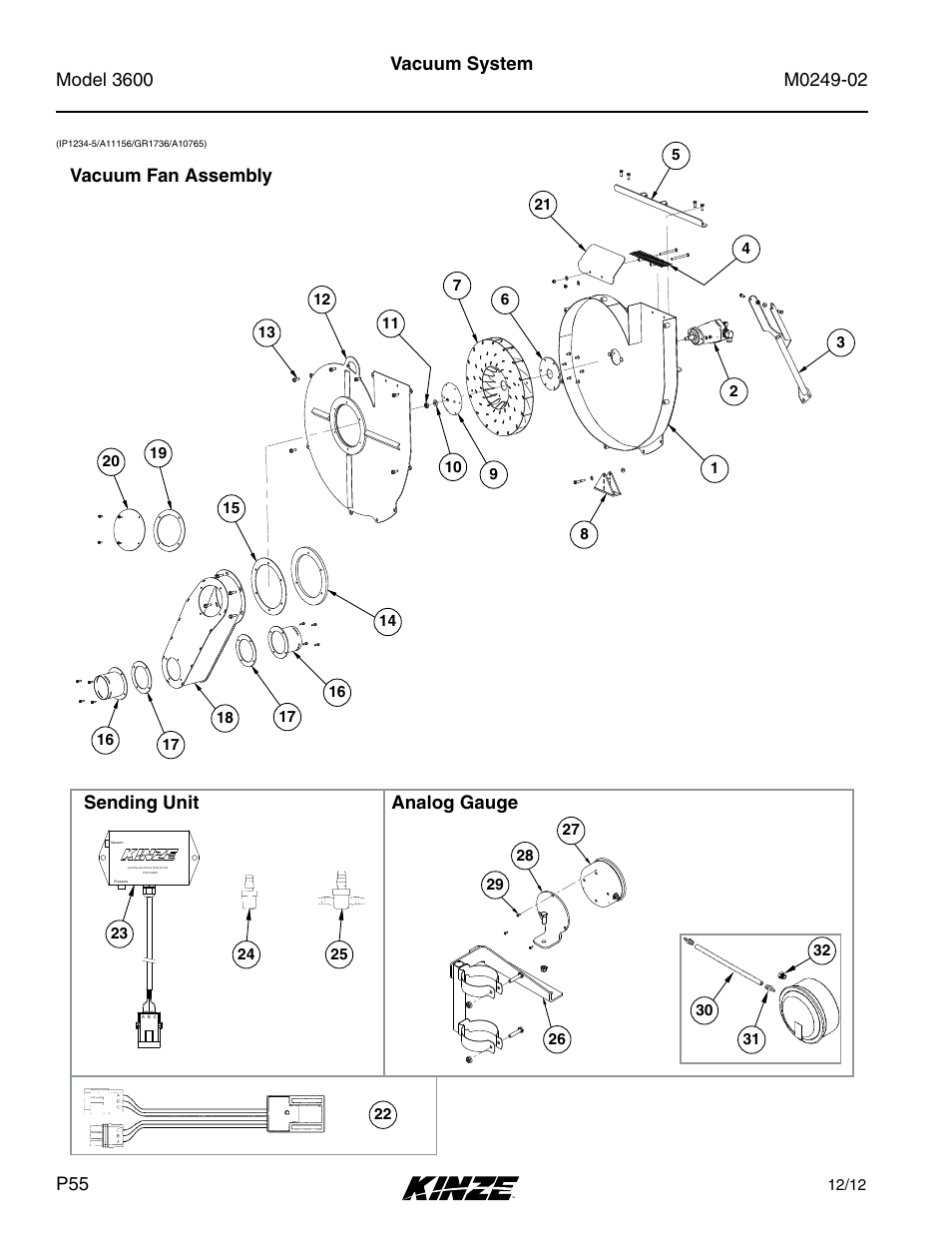 Vacuum system, Vacuum fan assembly, Sending unit analog gauge | Kinze 3600 Lift and Rotate Planter (70 CM) Rev. 6/14 User Manual | Page 58 / 186