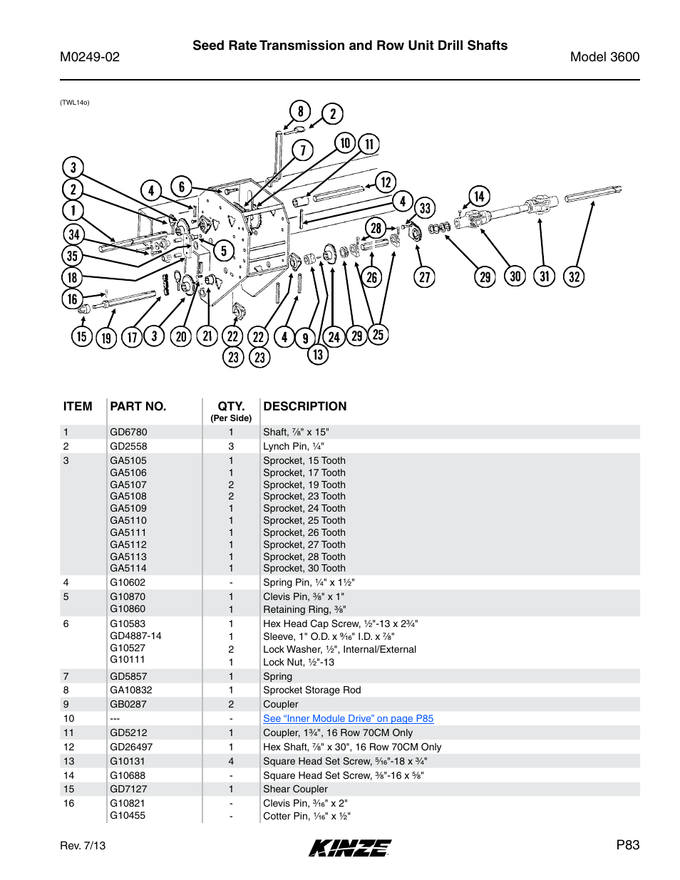 Seed rate transmission and row unit drill shafts | Kinze 3600 Lift and Rotate Planter (70 CM) Rev. 6/14 User Manual | Page 86 / 186
