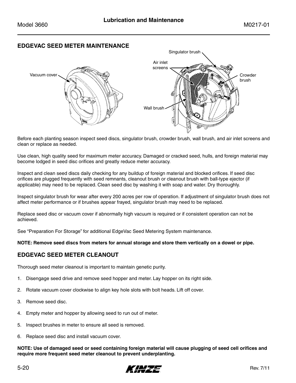 Edgevac seed meter maintenance, Edgevac seed meter cleanout, Edgevac seed meter maintenance -20 | Edgevac seed meter cleanout -20 | Kinze 3660 Lift and Rotate Planter Rev. 7/14 User Manual | Page 100 / 150