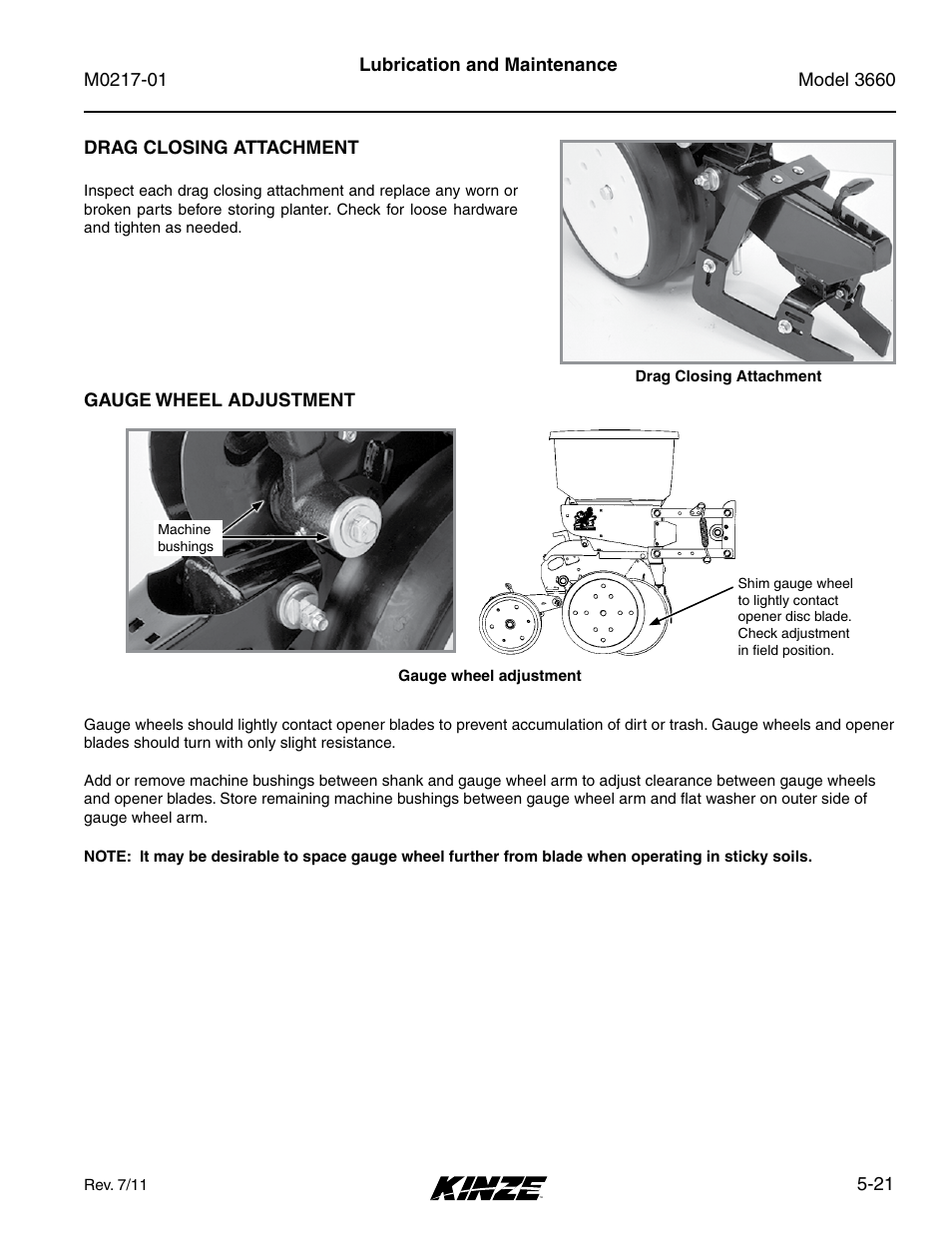 Drag closing attachment, Gauge wheel adjustment, Drag closing attachment -21 | Gauge wheel adjustment -21 | Kinze 3660 Lift and Rotate Planter Rev. 7/14 User Manual | Page 101 / 150