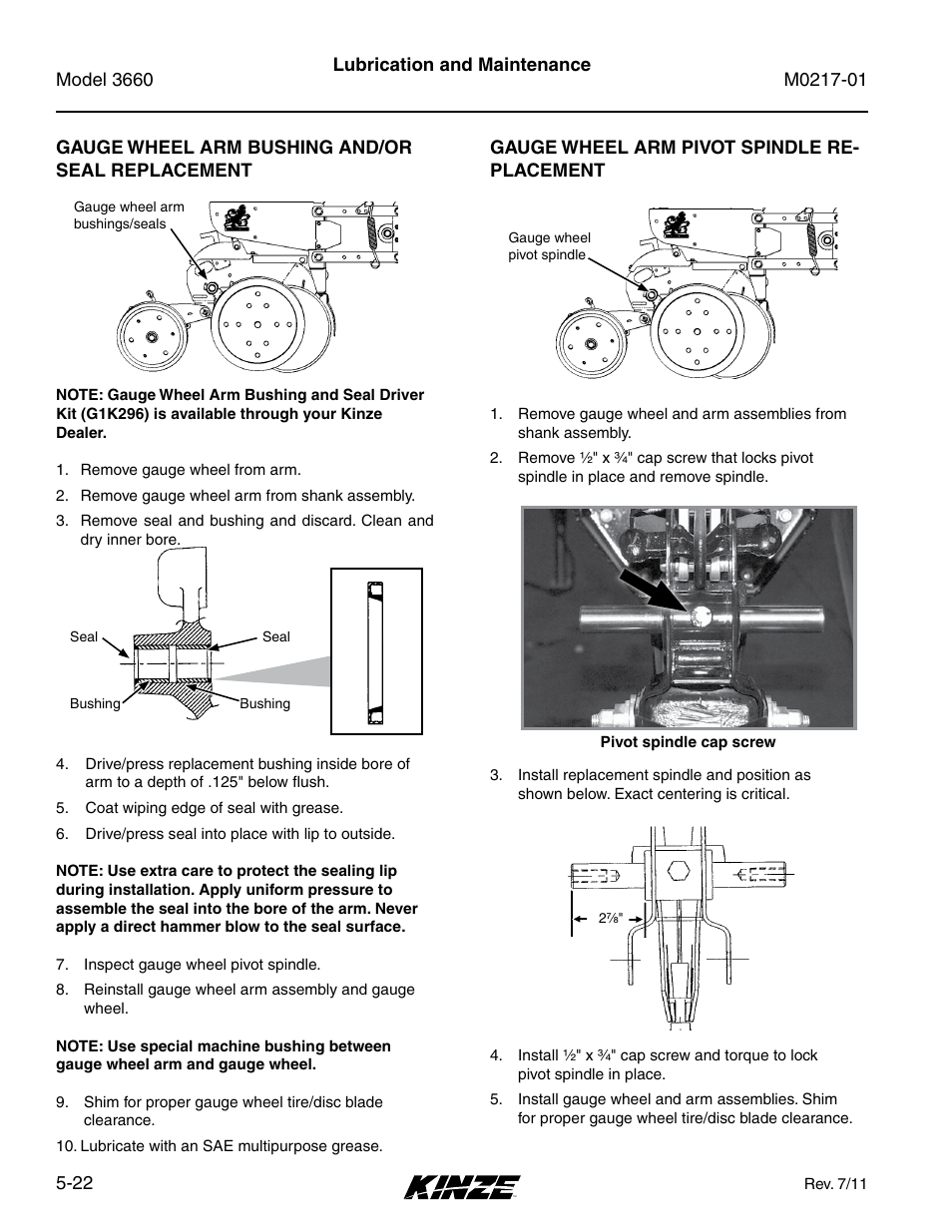 Gauge wheel arm bushing and/or seal replacement, Gauge wheel arm pivot spindle replacement, Gauge wheel arm pivot spindle replacement -22 | Kinze 3660 Lift and Rotate Planter Rev. 7/14 User Manual | Page 102 / 150
