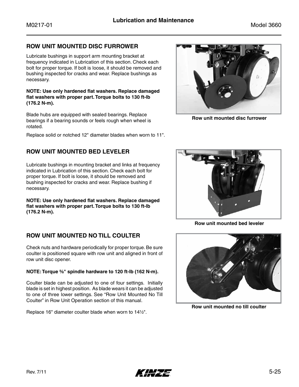 Row unit mounted disc furrower, Row unit mounted bed leveler, Row unit mounted no till coulter | Row unit mounted disc furrower -25, Row unit mounted bed leveler -25, Row unit mounted no till coulter -25 | Kinze 3660 Lift and Rotate Planter Rev. 7/14 User Manual | Page 105 / 150