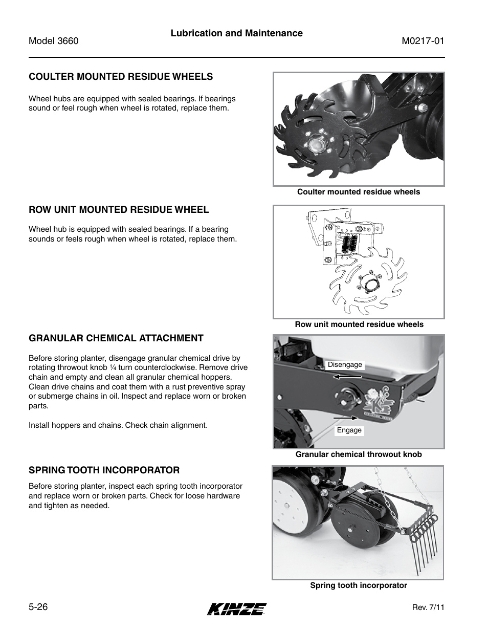 Coulter mounted residue wheels, Row unit mounted residue wheel, Granular chemical attachment | Spring tooth incorporator, Coulter mounted residue wheels -26, Row unit mounted residue wheel -26, Granular chemical attachment -26, Spring tooth incorporator -26 | Kinze 3660 Lift and Rotate Planter Rev. 7/14 User Manual | Page 106 / 150