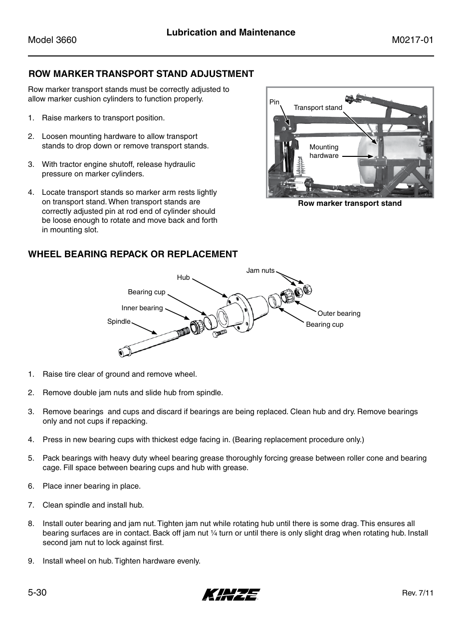 Wheel bearing repack or replacement, Wheel bearing repack or replacement -30 | Kinze 3660 Lift and Rotate Planter Rev. 7/14 User Manual | Page 110 / 150