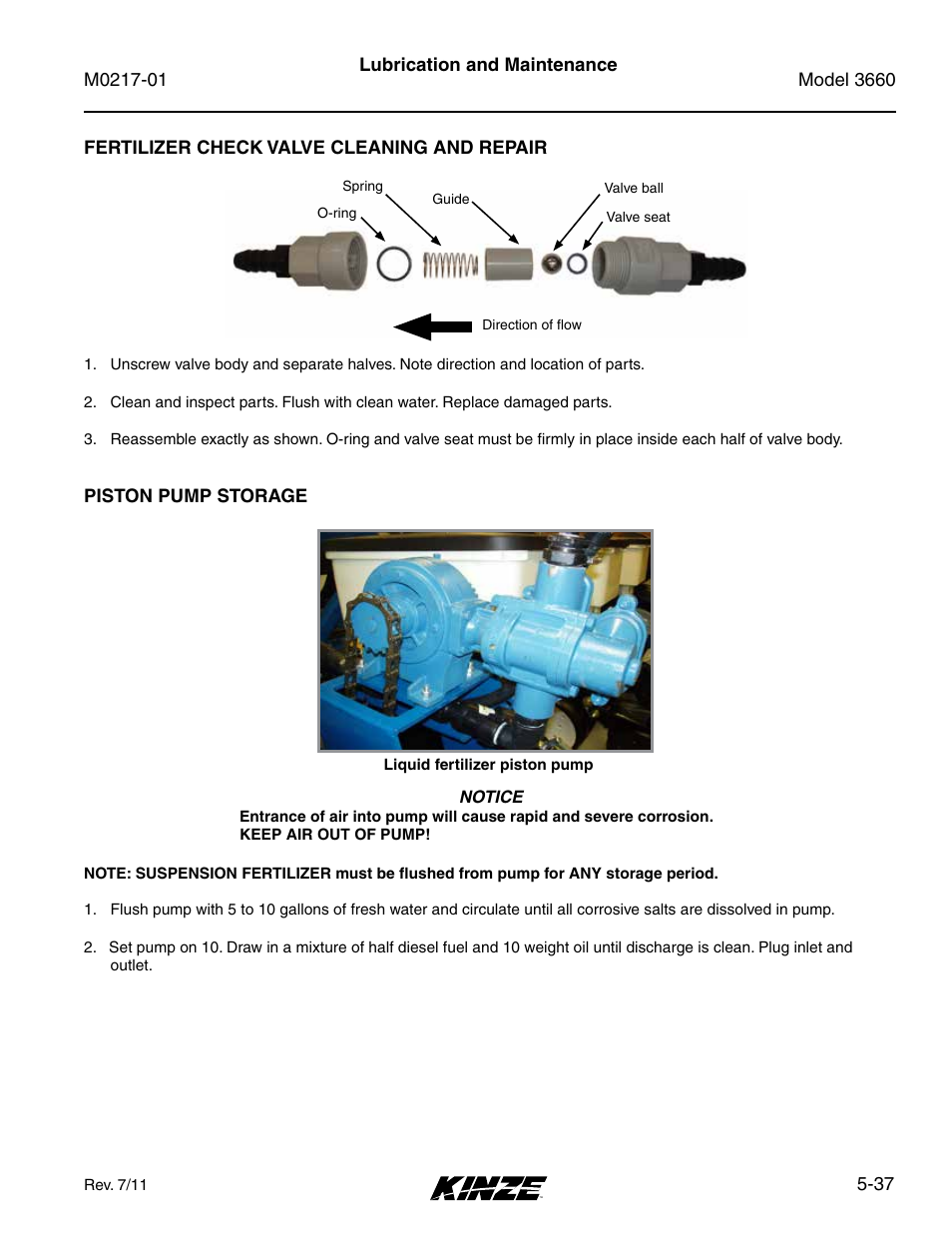 Fertilizer check valve cleaning and repair, Piston pump storage, Fertilizer check valve cleaning and repair -37 | Piston pump storage -37 | Kinze 3660 Lift and Rotate Planter Rev. 7/14 User Manual | Page 117 / 150