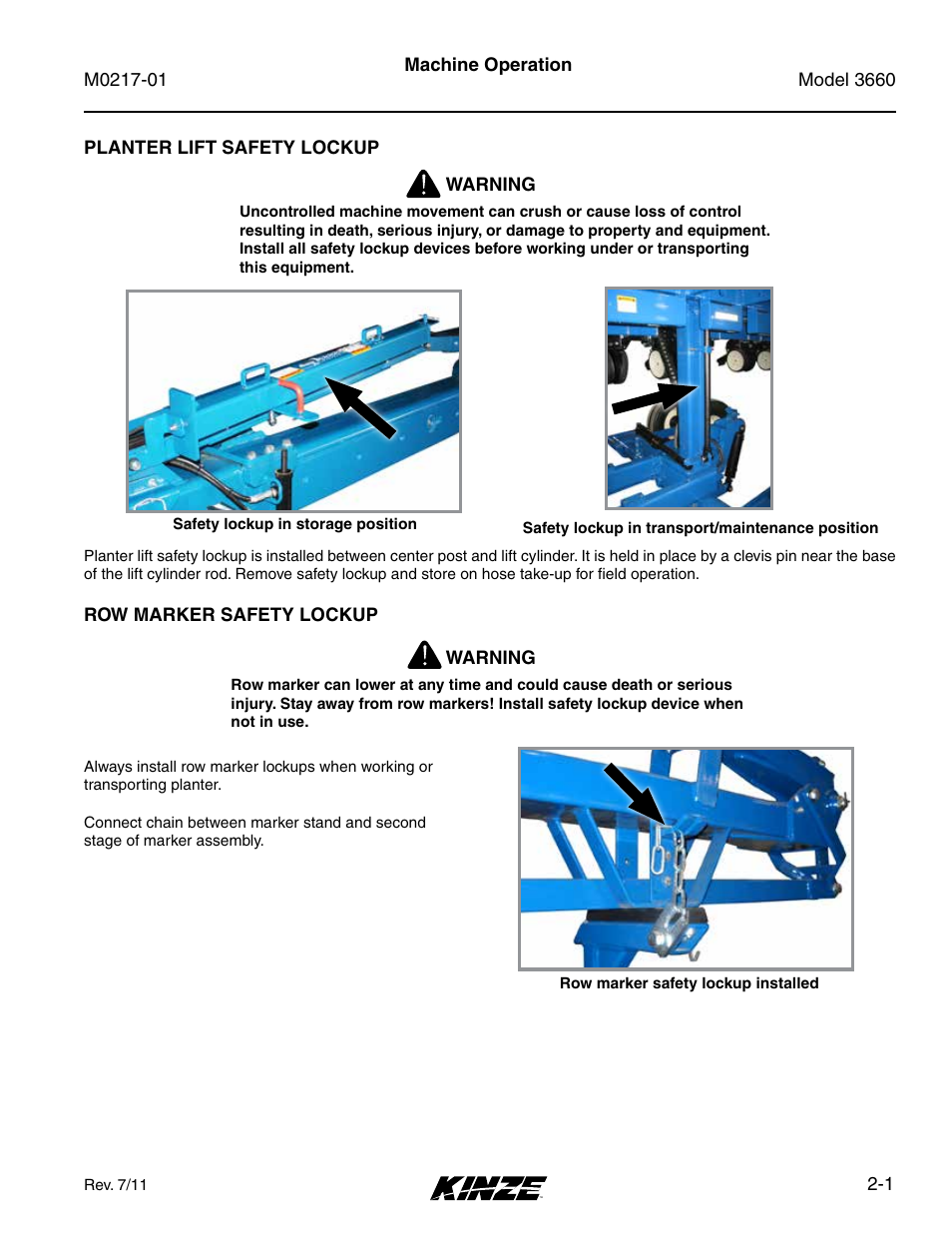 Machine operation, Planter lift safety lockup, Row marker safety lockup | Planter lift safety lockup -1, Row marker safety lockup -1 | Kinze 3660 Lift and Rotate Planter Rev. 7/14 User Manual | Page 13 / 150