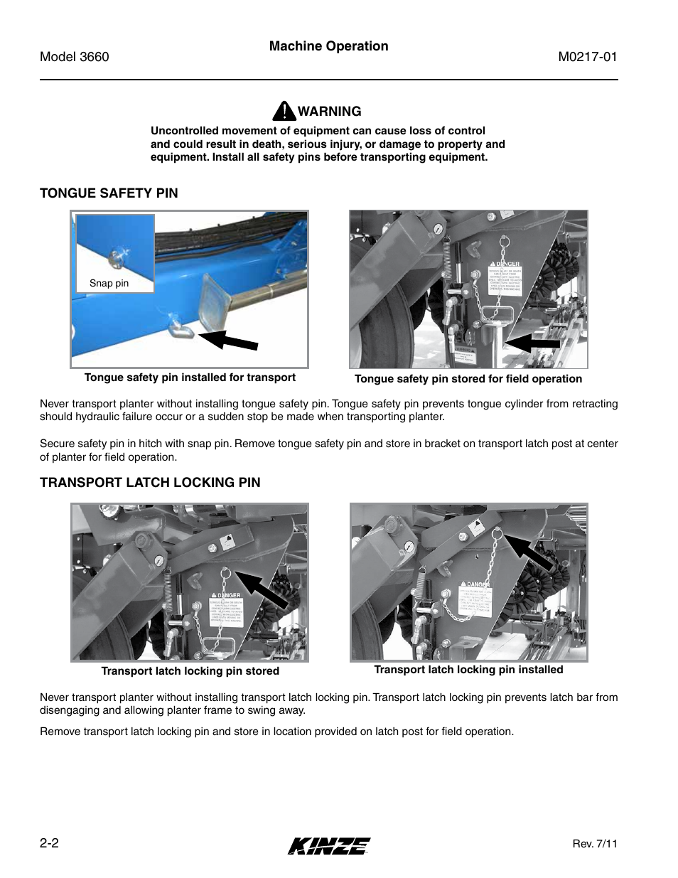 Tongue safety pin, Transport latch locking pin, Tongue safety pin -2 | Transport latch locking pin -2 | Kinze 3660 Lift and Rotate Planter Rev. 7/14 User Manual | Page 14 / 150