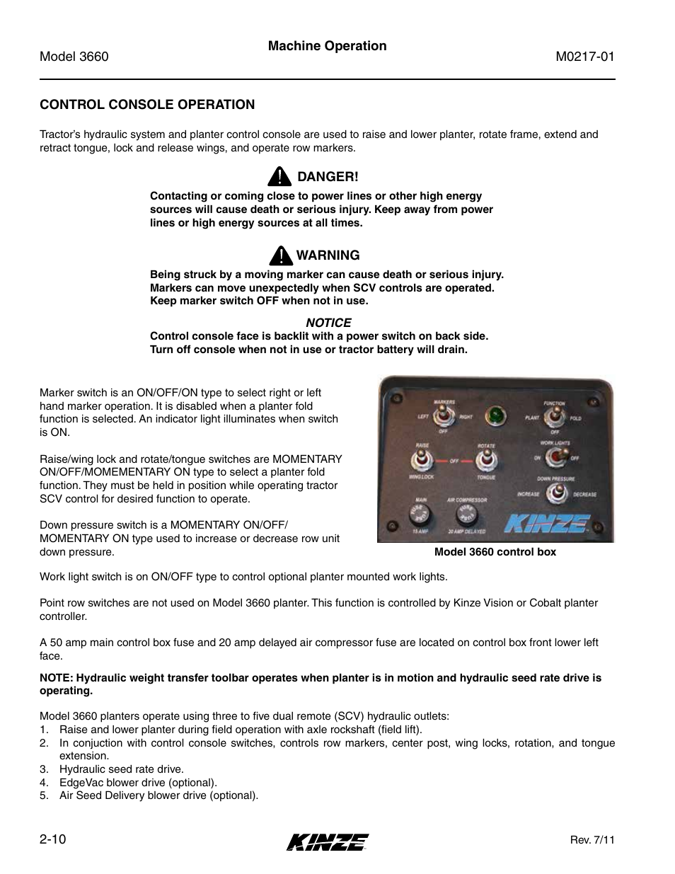 Control console operation, Control console operation -10 | Kinze 3660 Lift and Rotate Planter Rev. 7/14 User Manual | Page 22 / 150