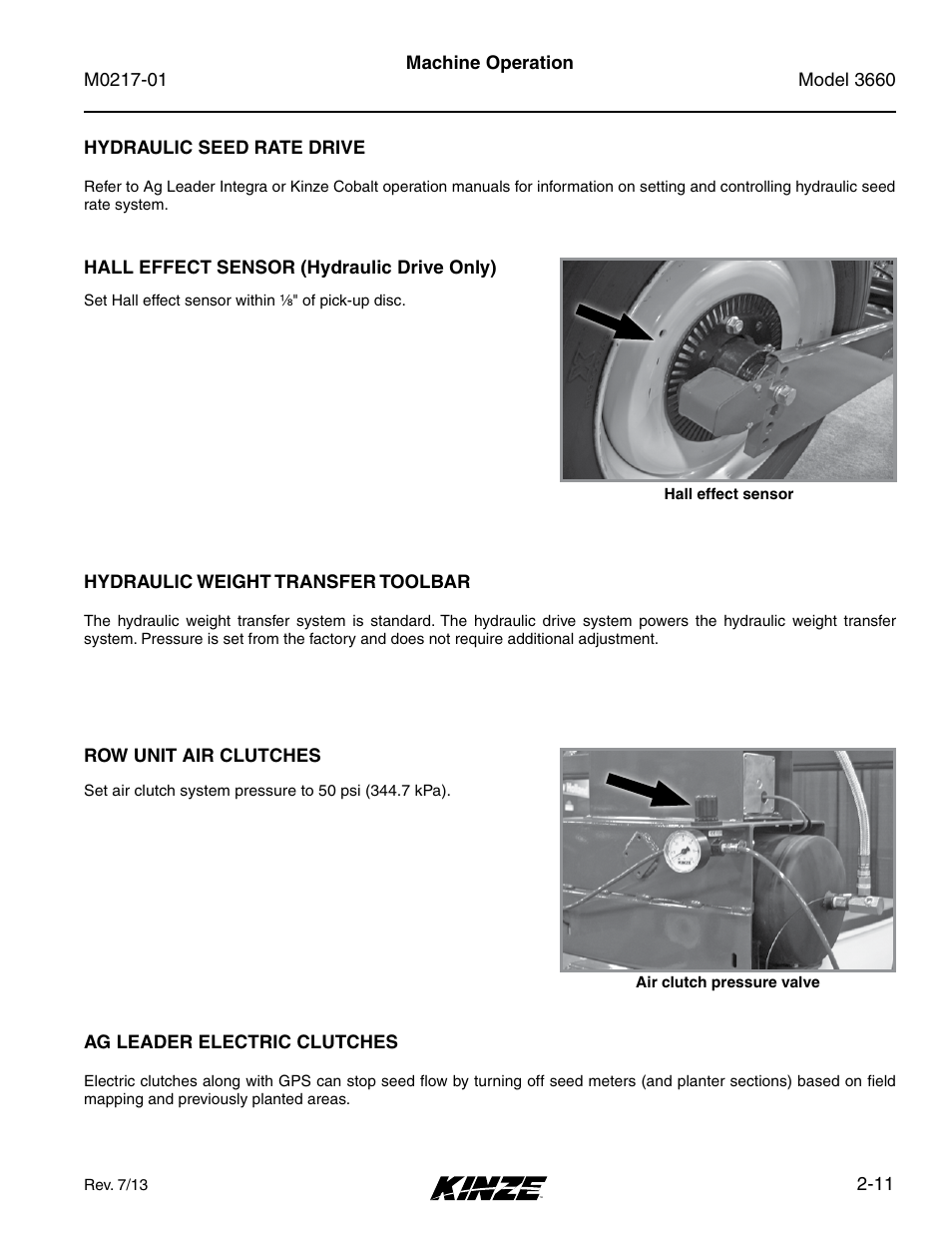 Hydraulic seed rate drive, Hall effect sensor (hydraulic drive only), Hydraulic weight transfer toolbar | Row unit air clutches, Ag leader electric clutches, Hydraulic seed rate drive -11, Hall effect sensor (hydraulic drive only) -11, Hydraulic weight transfer toolbar -11, Row unit air clutches -11, Ag leader electric clutches -11 | Kinze 3660 Lift and Rotate Planter Rev. 7/14 User Manual | Page 23 / 150