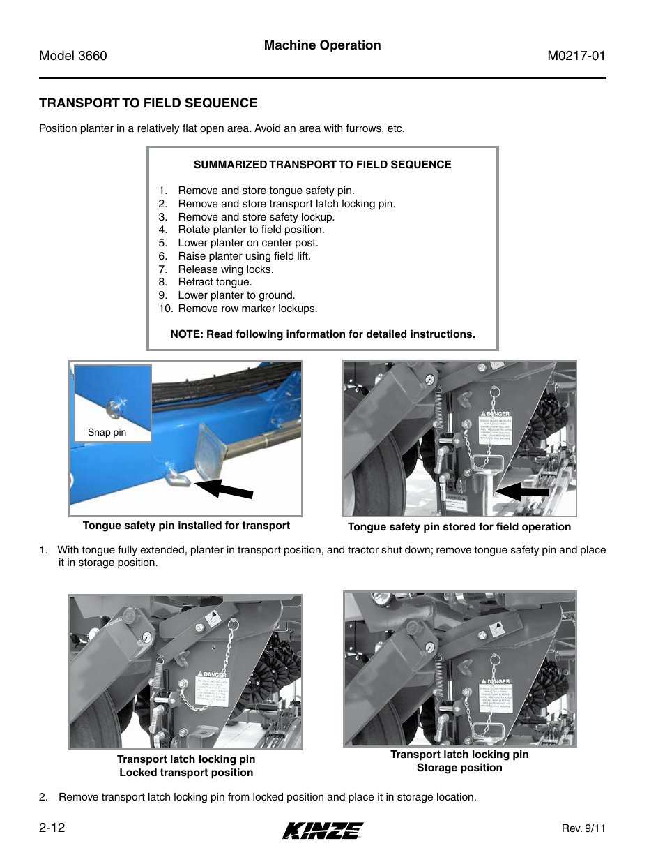 Transport to field sequence, Transport to field sequence -12 | Kinze 3660 Lift and Rotate Planter Rev. 7/14 User Manual | Page 24 / 150