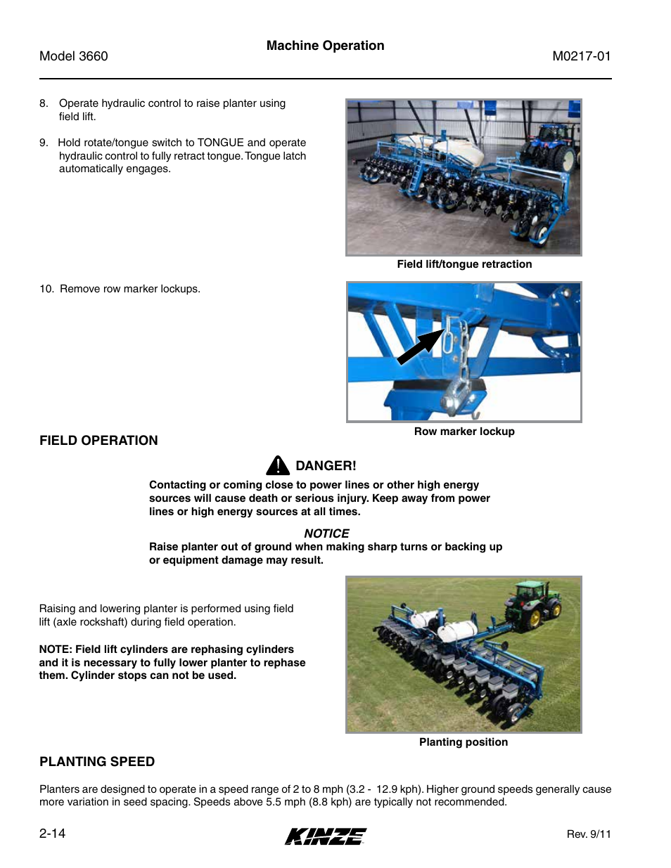 Field operation, Planting speed, Field operation -14 | Planting speed -14 | Kinze 3660 Lift and Rotate Planter Rev. 7/14 User Manual | Page 26 / 150