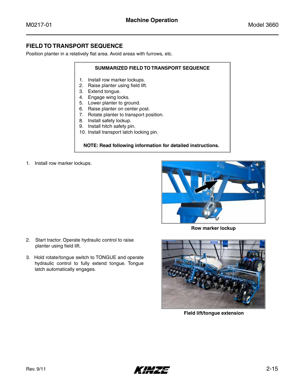 Field to transport sequence, Field to transport sequence -15 | Kinze 3660 Lift and Rotate Planter Rev. 7/14 User Manual | Page 27 / 150