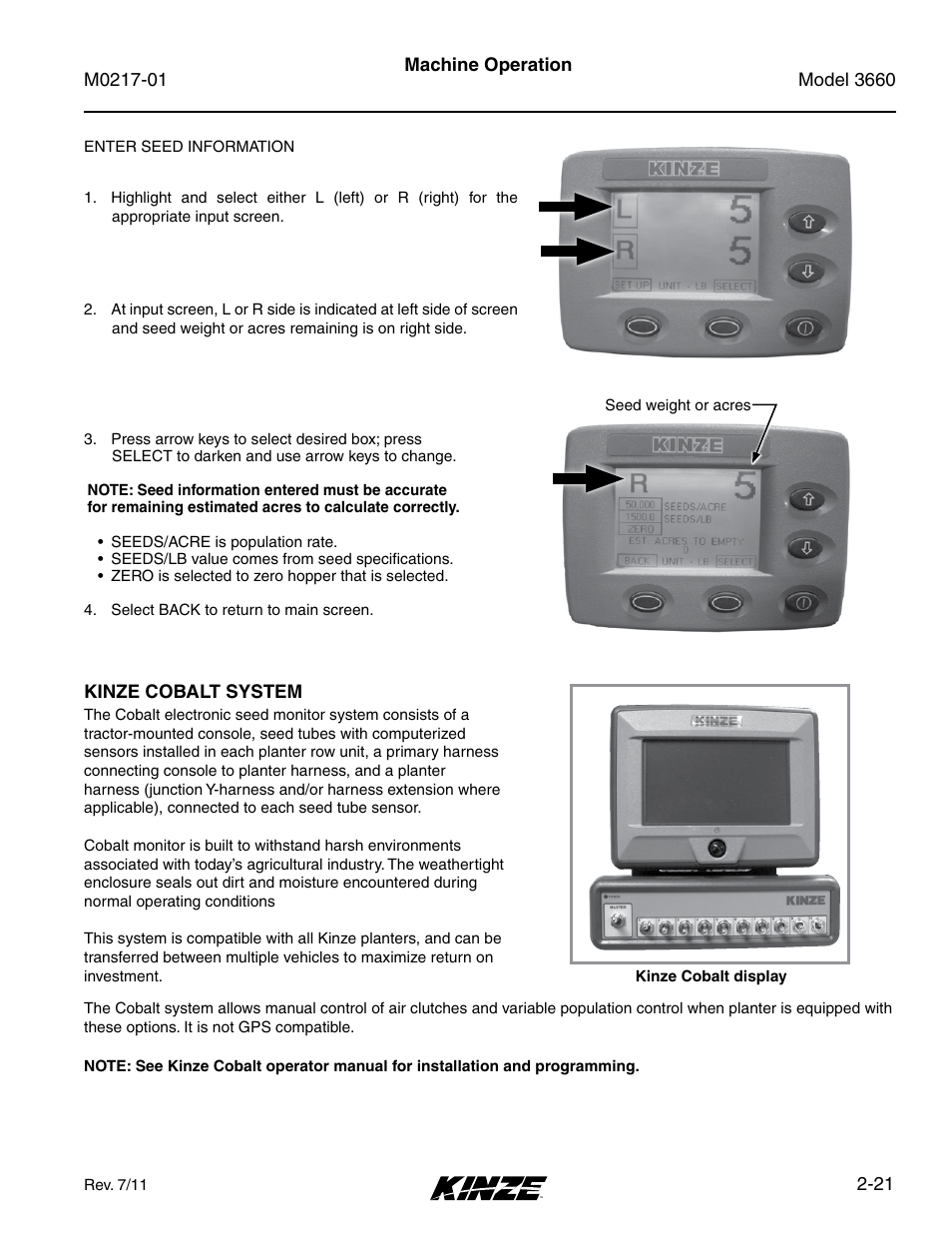 Kinze cobalt system, Kinze cobalt system -21 | Kinze 3660 Lift and Rotate Planter Rev. 7/14 User Manual | Page 33 / 150