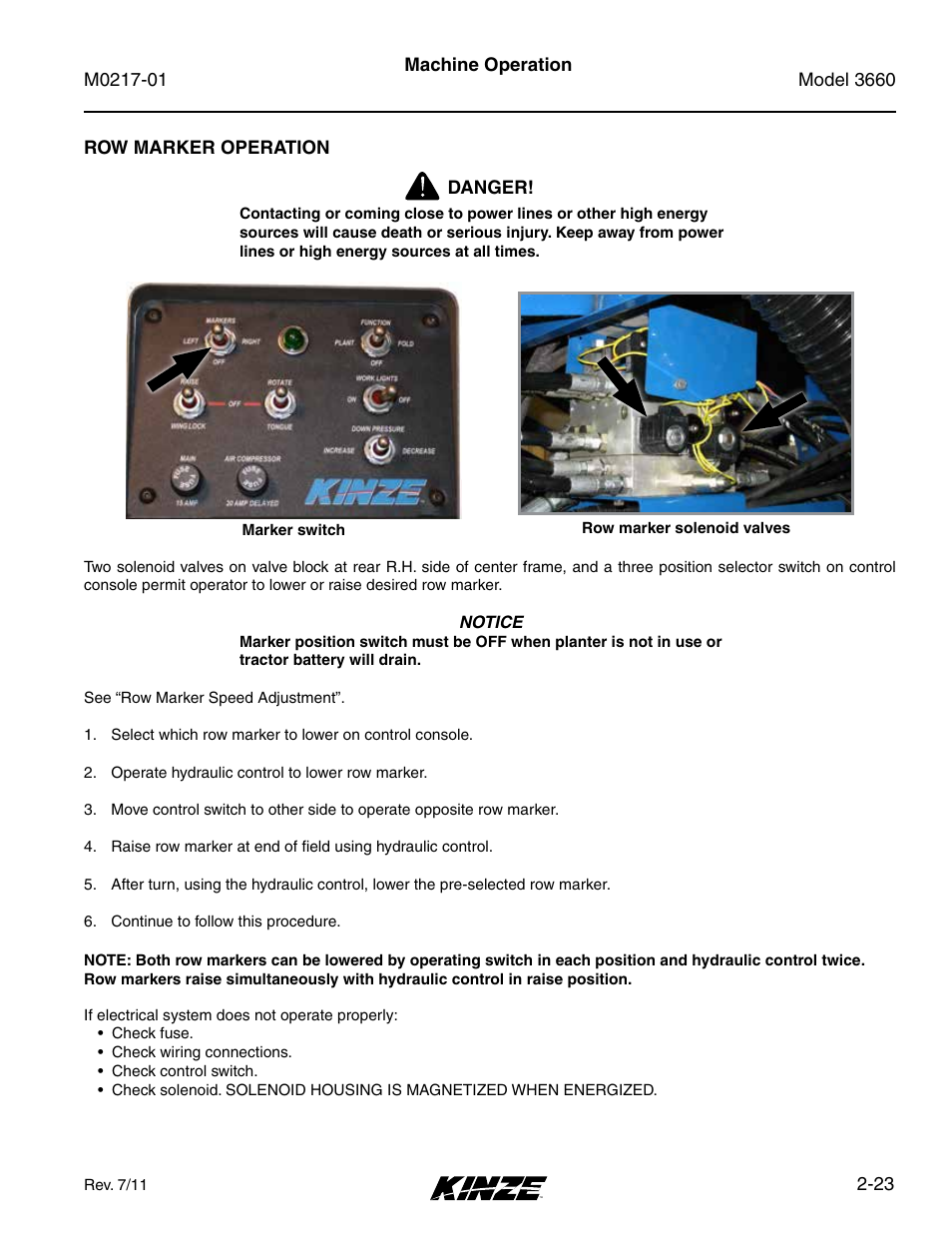 Row marker operation, Row marker operation -23 | Kinze 3660 Lift and Rotate Planter Rev. 7/14 User Manual | Page 35 / 150