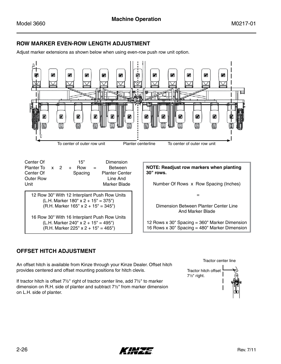 Row marker even-row length adjustment, Offset hitch adjustment, Row marker even-row length adjustment -26 | Offset hitch adjustment -26 | Kinze 3660 Lift and Rotate Planter Rev. 7/14 User Manual | Page 38 / 150