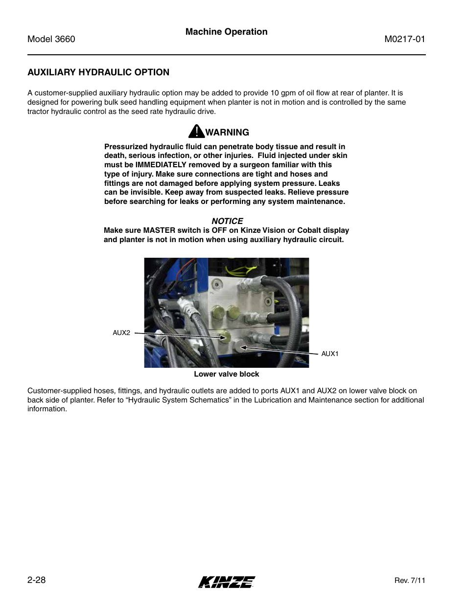 Auxiliary hydraulic option, Auxiliary hydraulic option -28 | Kinze 3660 Lift and Rotate Planter Rev. 7/14 User Manual | Page 40 / 150