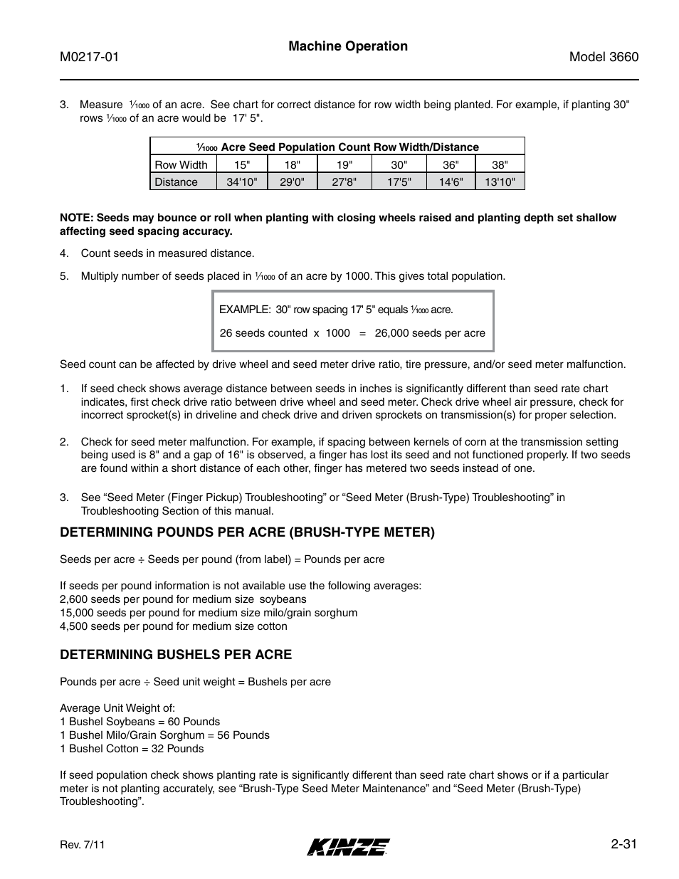 Determining pounds per acre (brush-type meter), Determining bushels per acre, Determining pounds per acre (brush-type meter) -31 | Determining bushels per acre -31 | Kinze 3660 Lift and Rotate Planter Rev. 7/14 User Manual | Page 43 / 150