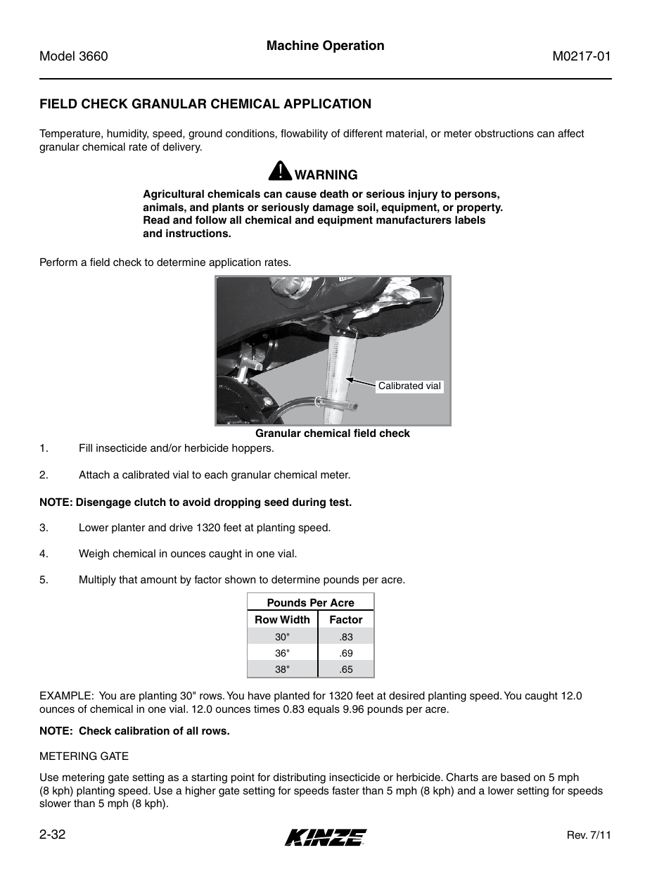 Field check granular chemical application, Field check granular chemical application -32 | Kinze 3660 Lift and Rotate Planter Rev. 7/14 User Manual | Page 44 / 150