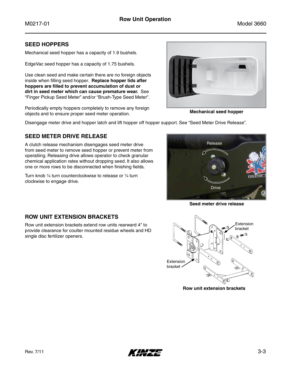 Seed hoppers, Seed meter drive release, Row unit extension brackets | Seed hoppers -3, Seed meter drive release -3, Row unit extension brackets -3 | Kinze 3660 Lift and Rotate Planter Rev. 7/14 User Manual | Page 47 / 150