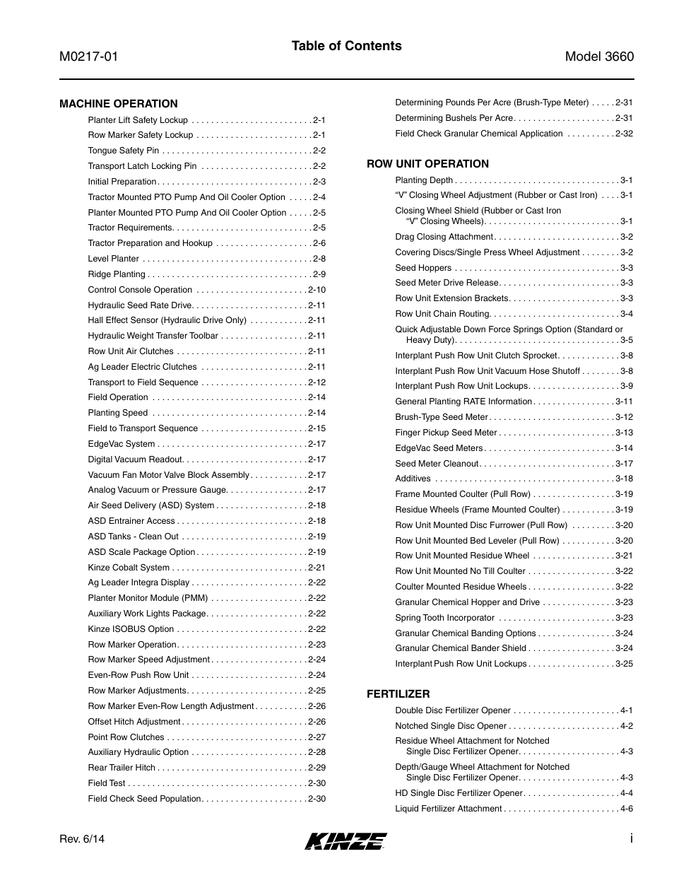 Itable of contents | Kinze 3660 Lift and Rotate Planter Rev. 7/14 User Manual | Page 5 / 150
