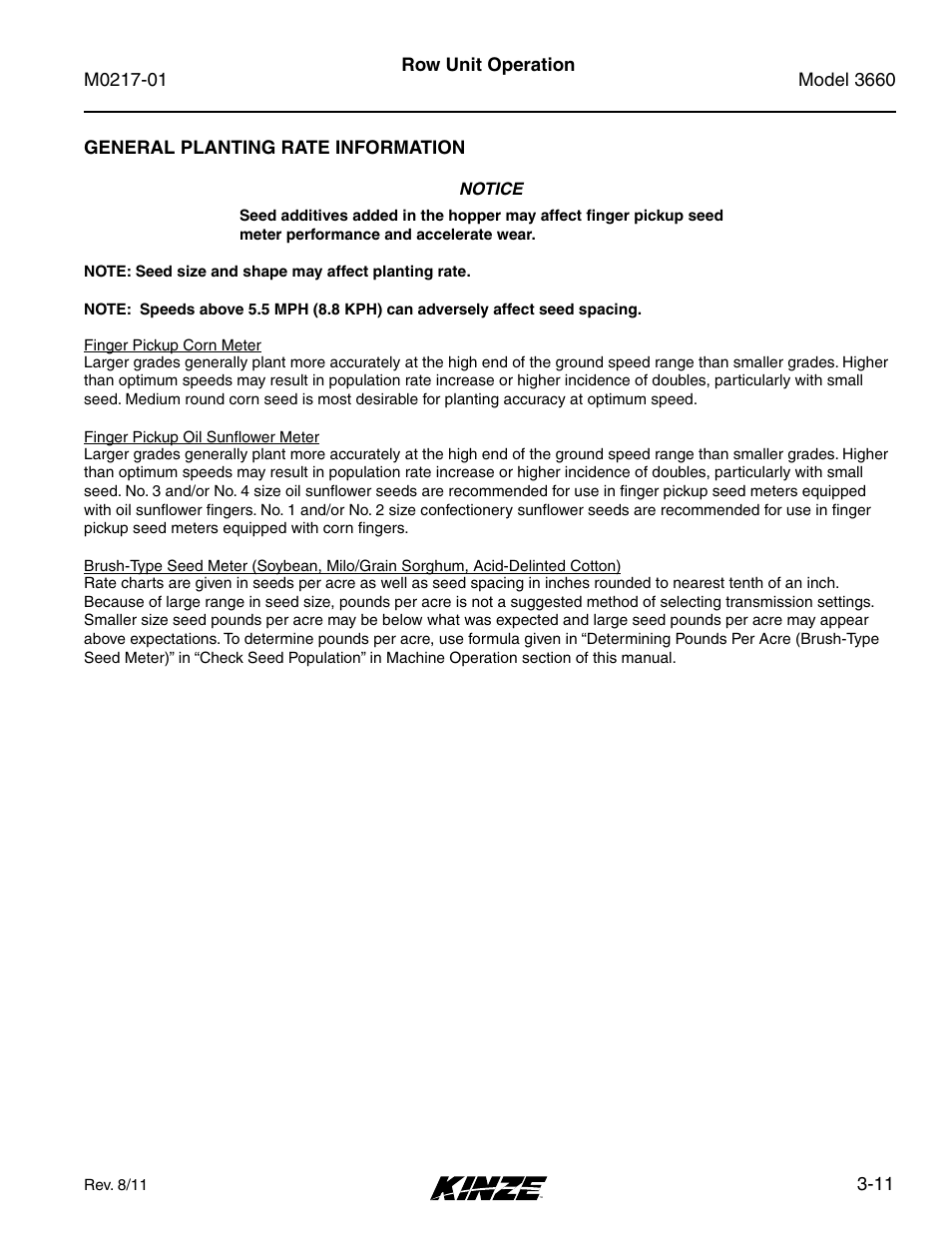 General planting rate information, General planting rate information -11 | Kinze 3660 Lift and Rotate Planter Rev. 7/14 User Manual | Page 55 / 150
