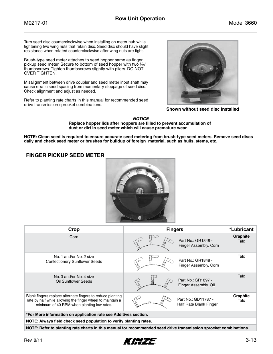 Finger pickup seed meter, Finger pickup seed meter -13, 13 row unit operation | Kinze 3660 Lift and Rotate Planter Rev. 7/14 User Manual | Page 57 / 150