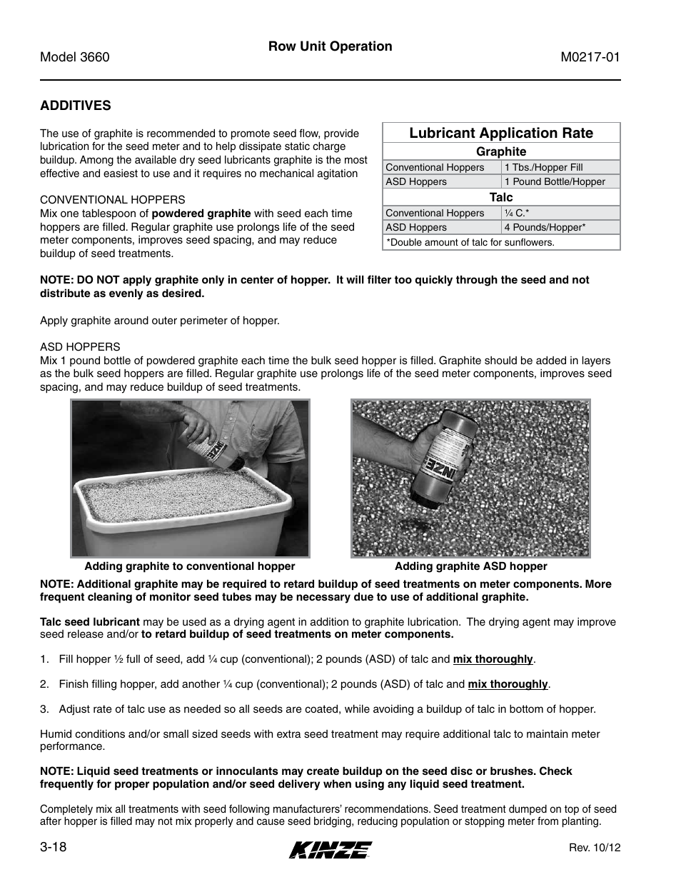 Additives, Additives -18, Lubricant application rate | Kinze 3660 Lift and Rotate Planter Rev. 7/14 User Manual | Page 62 / 150