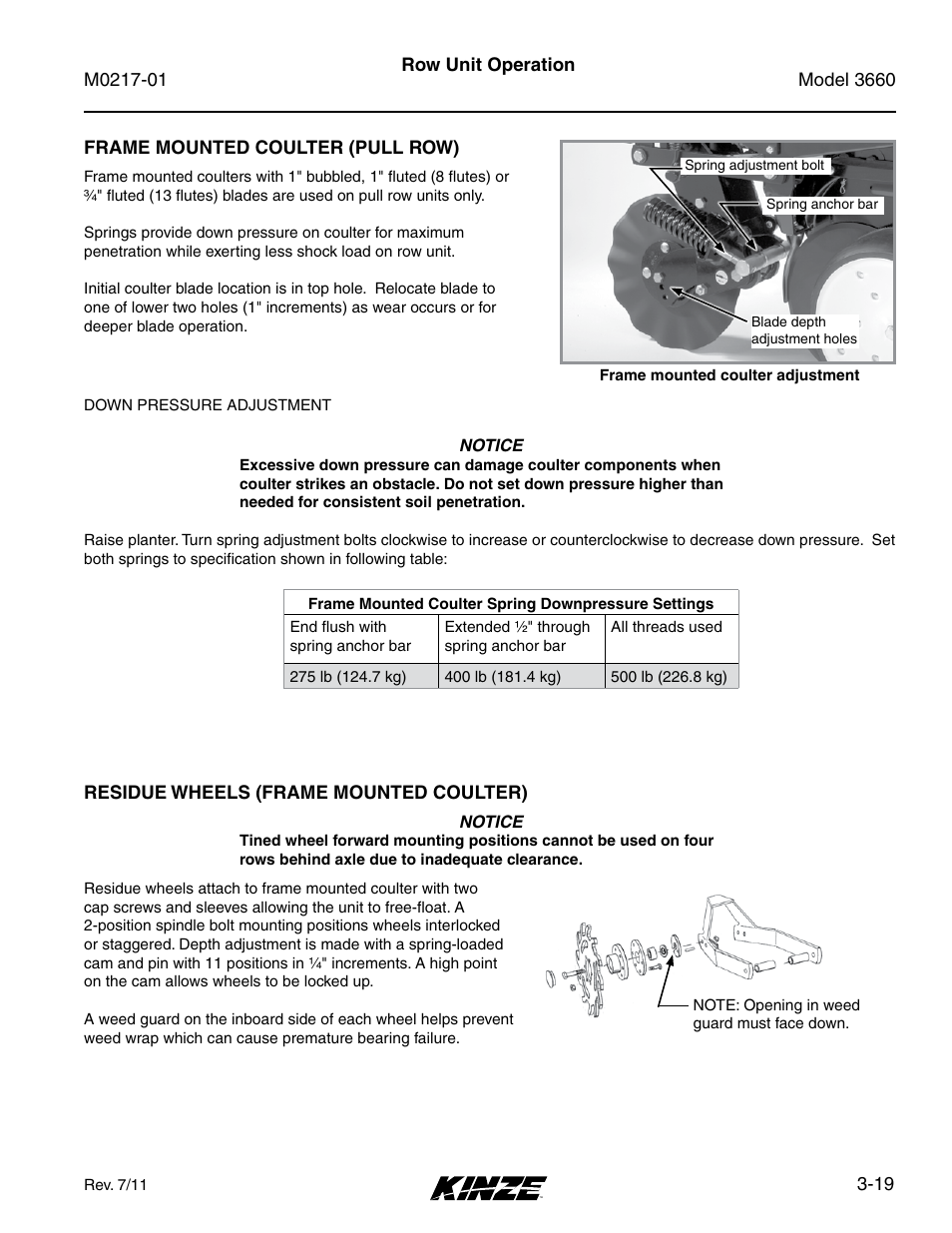 Frame mounted coulter (pull row), Residue wheels (frame mounted coulter), Frame mounted coulter (pull row) -19 | Residue wheels (frame mounted coulter) -19 | Kinze 3660 Lift and Rotate Planter Rev. 7/14 User Manual | Page 63 / 150