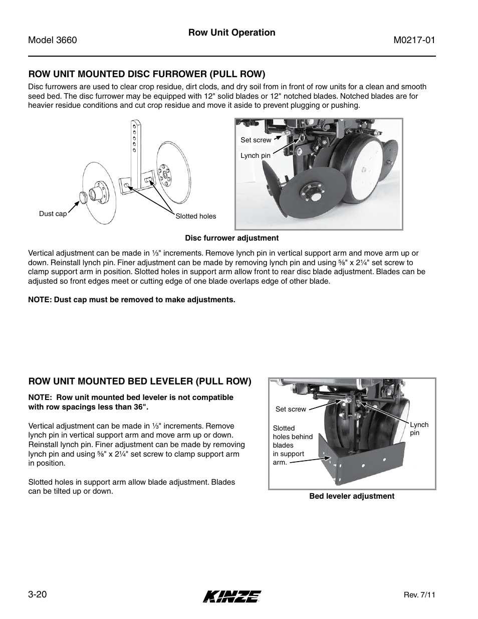 Row unit mounted disc furrower (pull row), Row unit mounted bed leveler (pull row), Row unit mounted disc furrower (pull row) -20 | Row unit mounted bed leveler (pull row) -20 | Kinze 3660 Lift and Rotate Planter Rev. 7/14 User Manual | Page 64 / 150