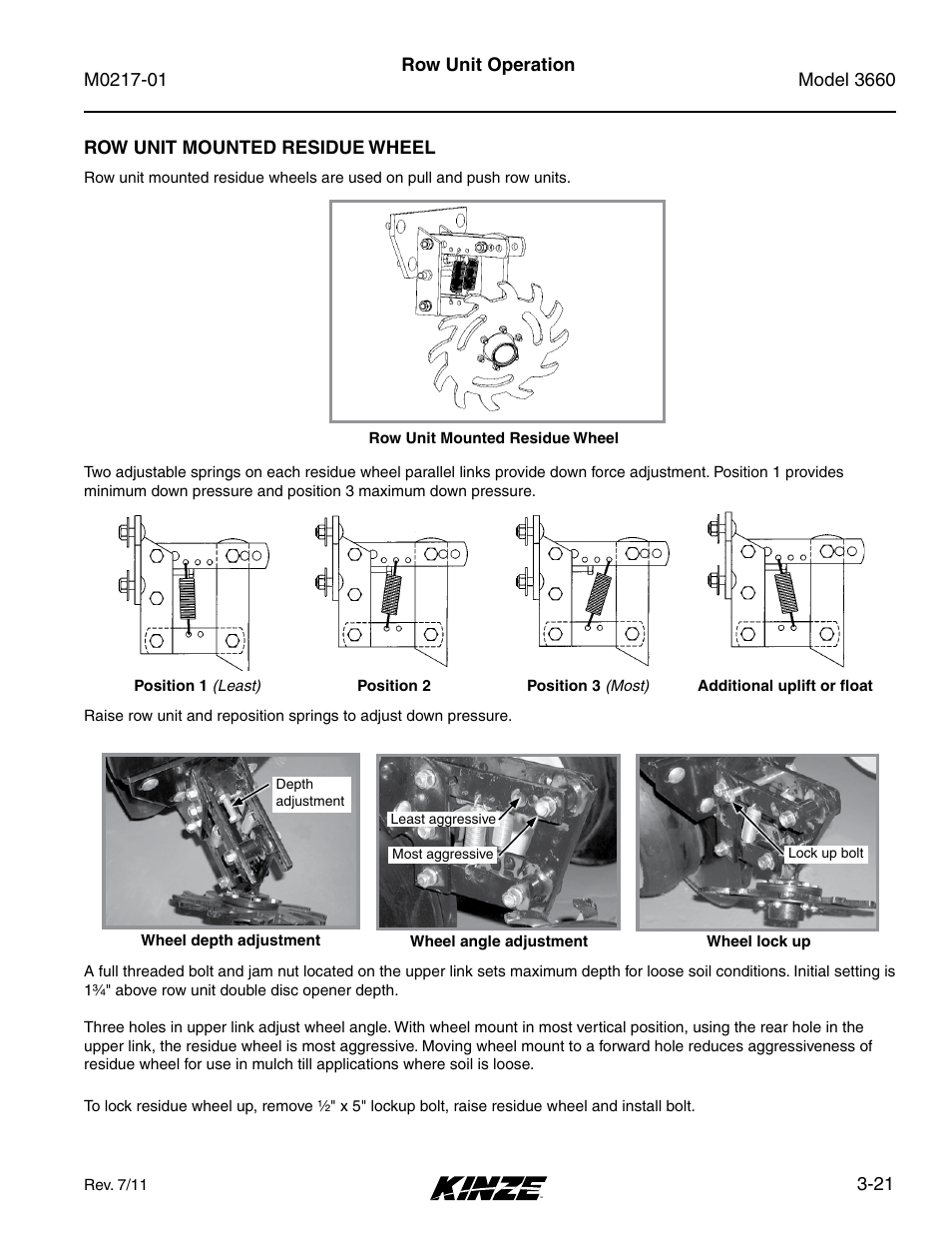 Row unit mounted residue wheel, Row unit mounted residue wheel -21 | Kinze 3660 Lift and Rotate Planter Rev. 7/14 User Manual | Page 65 / 150